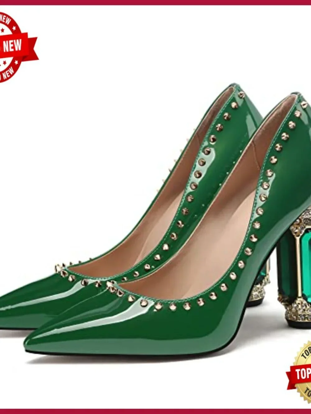 Chunky Block Heels Pumps Pointed Toe Rhinestone Crystal Bridal Wedding Party